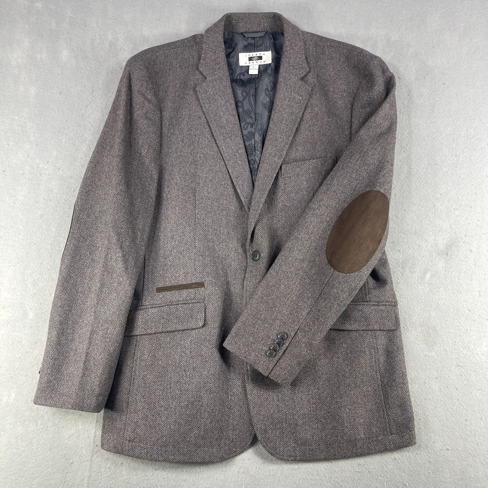 Joseph Abboud Sport Coat Mens L 44R Brown Herringbone Blazer Elbow Patches Wool